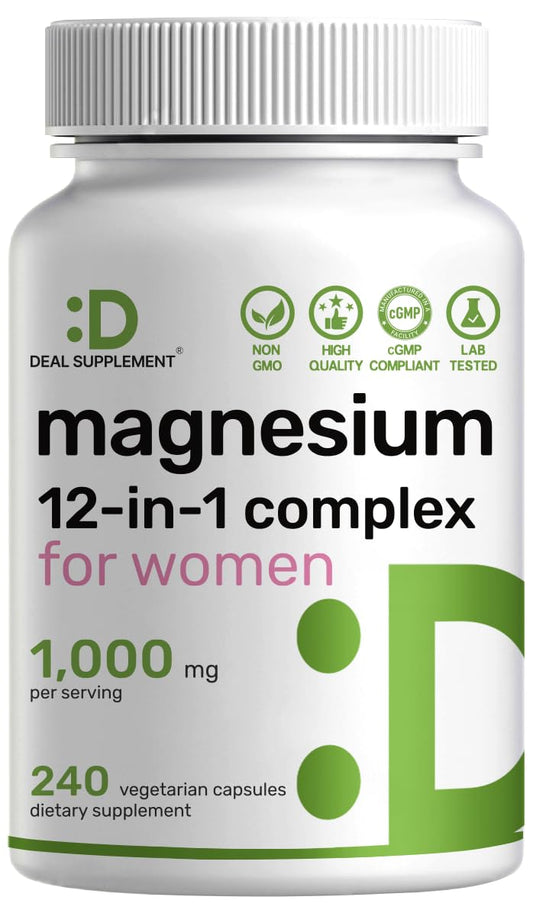 Supplement bottle labeled 'Magnesium 12-in-1 complex for women' with branding on a white background