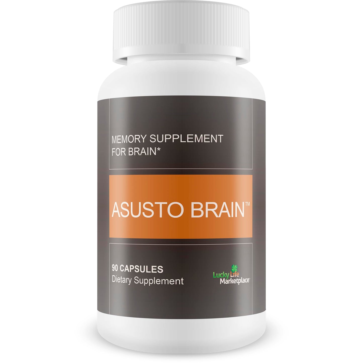 Memory supplement for brain bottle labeled 'ASUSTO BRAIN' on a white background