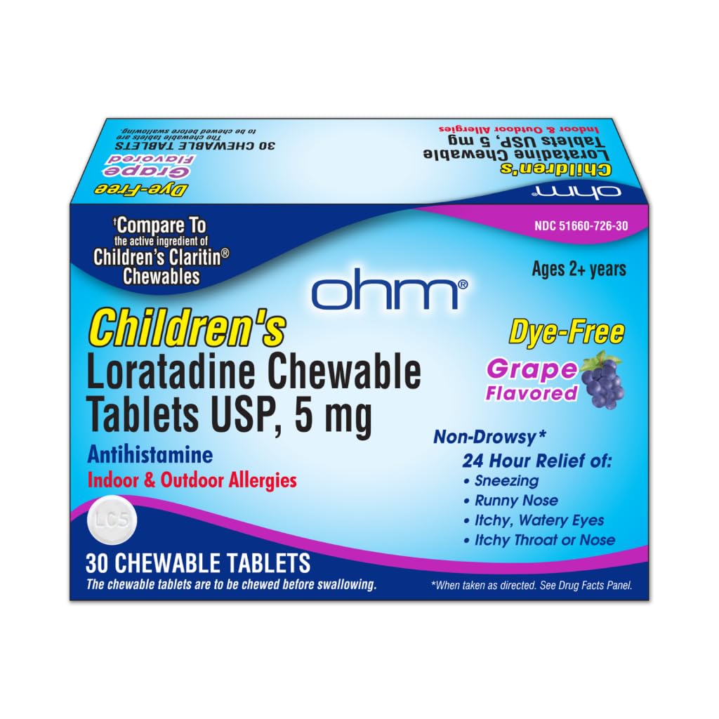 Ohm Children's Allergy Medicine, Loratadine 5mg, Chewable Tablets (30 Count) Grape Flavor, Non-Drowsy Antihistamine, 24-Hour Allergy Relief for Runny Nose, Watery Eyes, Itchy Throat & Nose Ohm buy supplements Au
