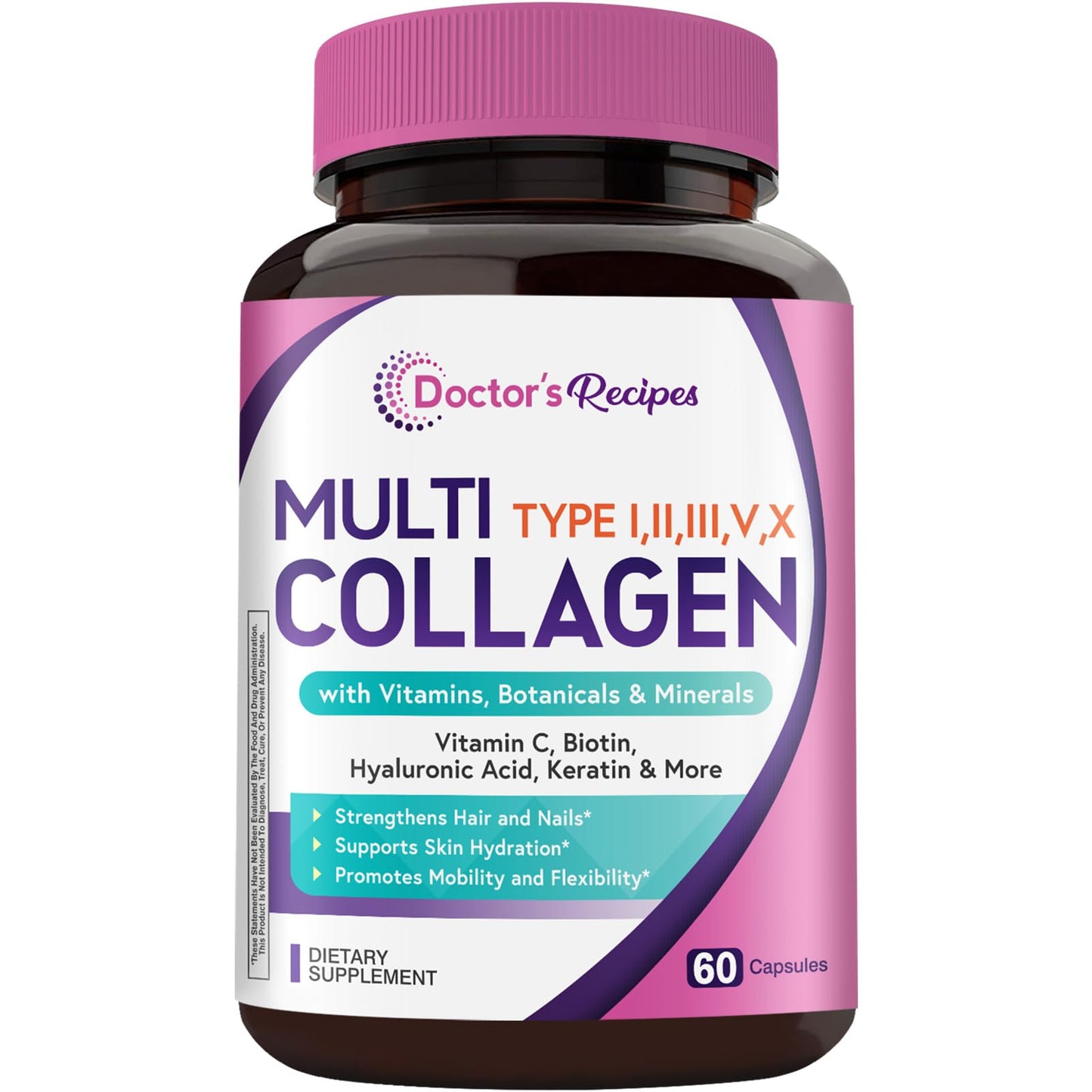 Doctor's Recipes Multi Collagen Peptides, Type I, II, III, V, X, 1000 mg Per Serving, Vitamin C, Biotin, Hyaluronic Acid, Keratin, Turmeric, for Hair, Nails, Skin, Stay Active, Antioxidant, 60 Caps Doctor's Recipes buy supplements Au