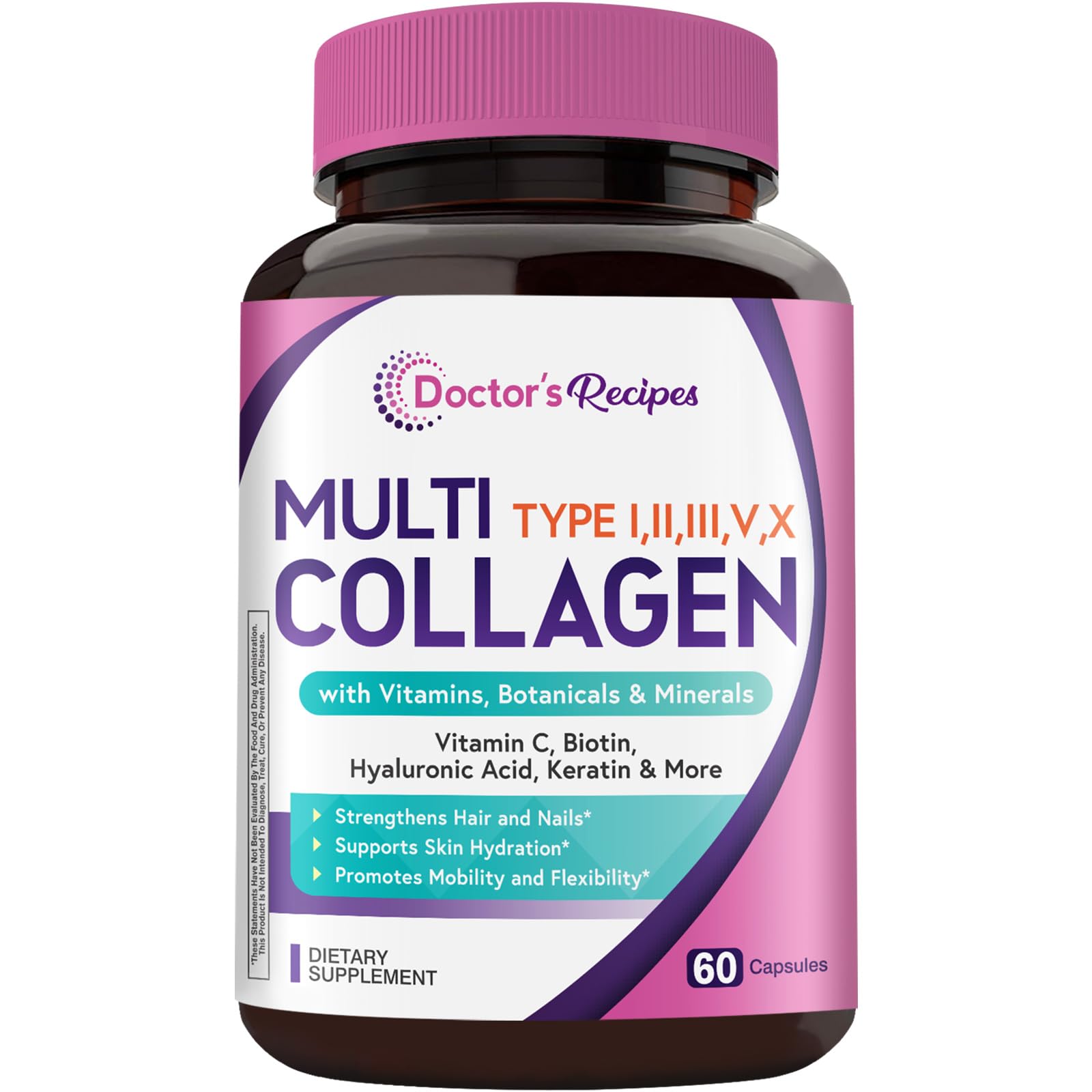 Doctor's Recipes Multi Collagen Peptides, Type I, II, III, V, X, 1000 mg Per Serving, Vitamin C, Biotin, Hyaluronic Acid, Keratin, Turmeric, for Hair, Nails, Skin, Stay Active, Antioxidant, 60 Caps Doctor's Recipes buy supplements Au