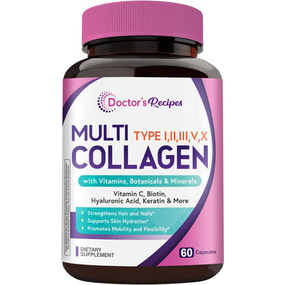 Doctor's Recipes Multi Collagen Peptides, Type I, II, III, V, X, 1000 mg Per Serving, Vitamin C, Biotin, Hyaluronic Acid, Keratin, Turmeric, for Hair, Nails, Skin, Stay Active, Antioxidant, 60 Caps Doctor's Recipes buy supplements Au