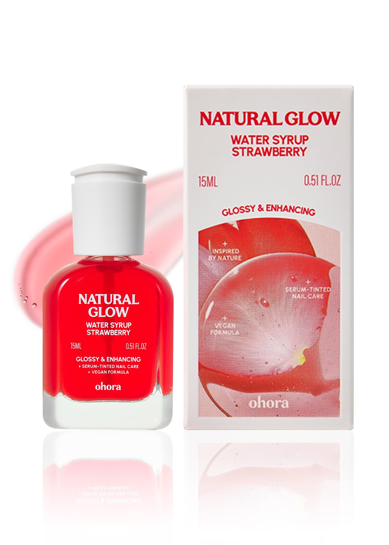ohora Natural Glow Water Syrup Nail Strengthener (Strawberry) - Tinted Nail Hardener for Brittle, Damaged Nails, Quick-Dry Glossy Finish