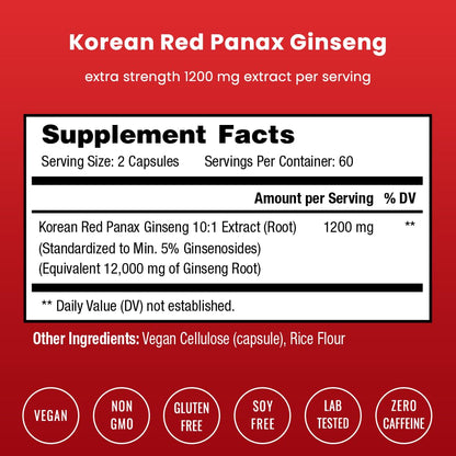 NutraChamps Korean Red Panax Ginseng Capsules | Extra Strength Ginsenosides for Energy, Focus, Performance, Vitality & Immune Support