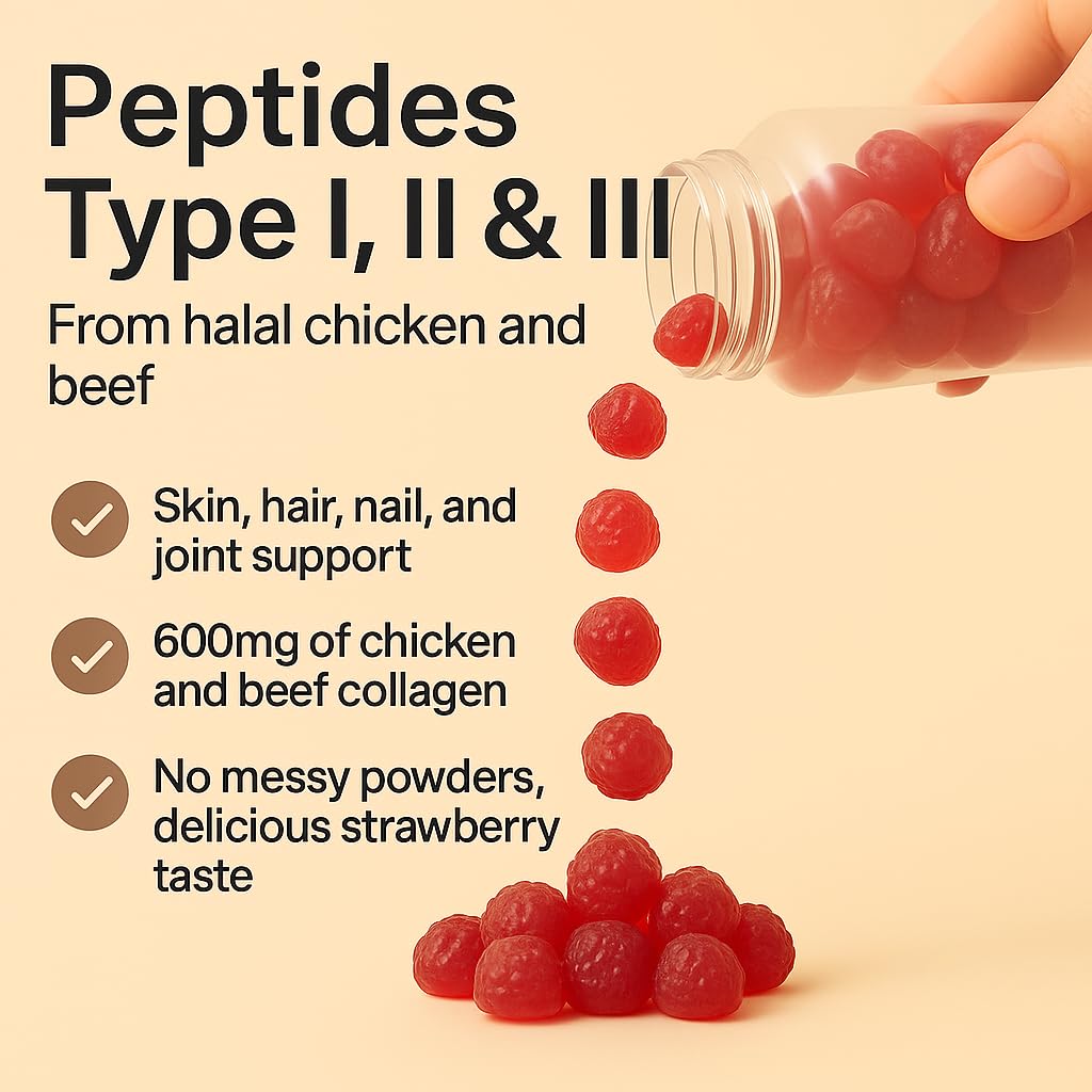 Sakoon nutrition Halal Certified Collagen Peptides Gummies | (Type I, II & III) Collagen Gummies for Women & Men | 90 Naturally Flavoured Strawberry Gummy to Support Hair, Skin, Joints & Nails | USA Sakoon nutrition buy supplements Au