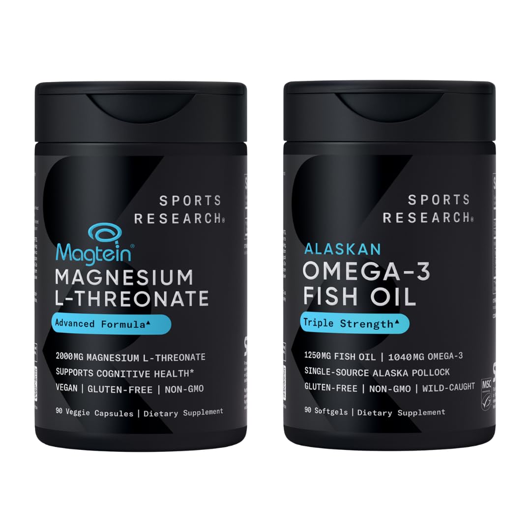 Sports Research® 90 Ct Cognitive Health Support Pack - Triple Strength Omega 3 Fish Oil EPA DHA Fatty Acids from Single-Source Wild Alaskan Pollock & Magtein Magnesium L-Threonate for Memory, Focus Sports Research buy supplements Au