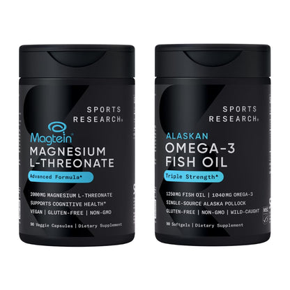 Sports Research® 90 Ct Cognitive Health Support Pack - Triple Strength Omega 3 Fish Oil EPA DHA Fatty Acids from Single-Source Wild Alaskan Pollock & Magtein Magnesium L-Threonate for Memory, Focus Sports Research buy supplements Au