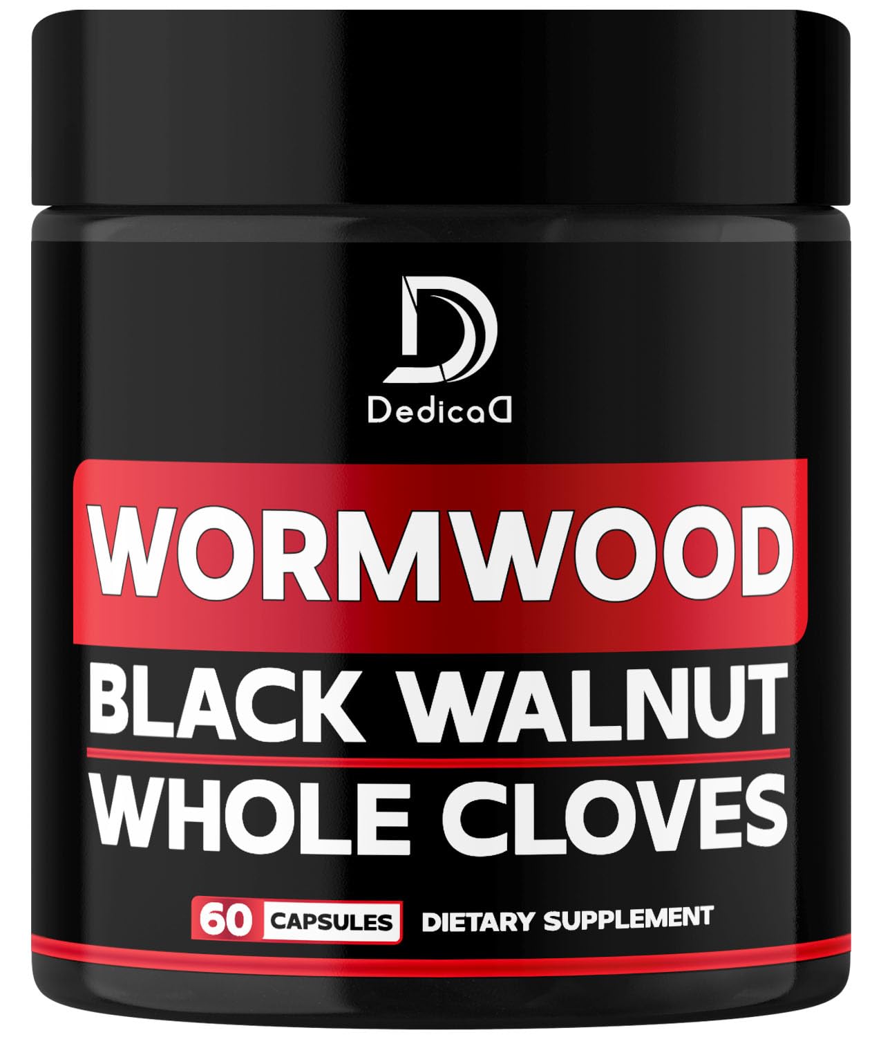 Supplement container labeled 'Wormwood, Black Walnut, Whole Cloves' with DedicaD branding.