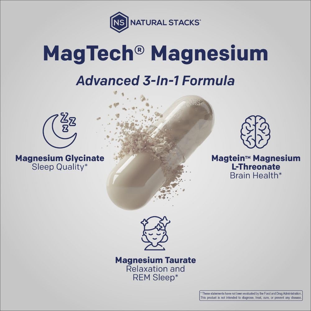 MagTech Magnesium Supplement - 3 Forms of Magnesium: Magtein L-Threonate, Glycinate & Taurate - 200mg Chelated Magnesium Complex