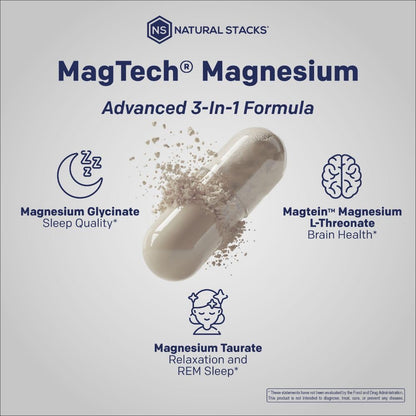 MagTech Magnesium Supplement - 3 Forms of Magnesium: Magtein L-Threonate, Glycinate & Taurate - 200mg Chelated Magnesium Complex