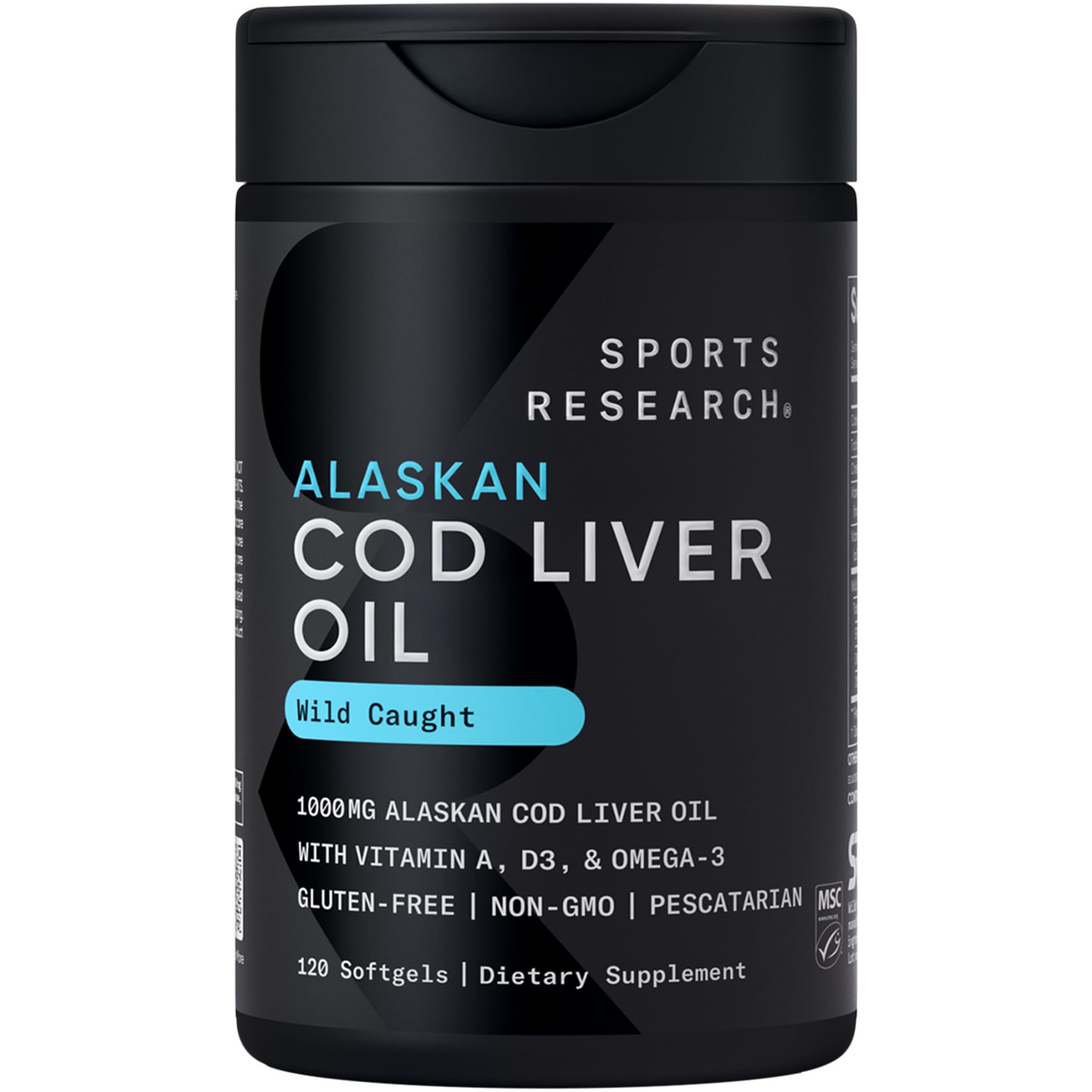 Sports Research® Omega-3 Wild Alaskan Cod Liver Oil 1000mg with Vitamins A (1000 IU) & D3 (400 IU) - Burpless, Bovine Free, Non-GMO, & MSC Certified Sustainable - 120 Softgels Sports Research buy supplements Au