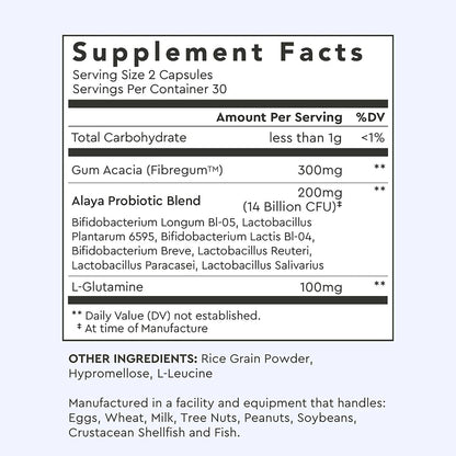 Alaya Naturals Advanced Synbiotic - Probiotic + Prebiotic - 14 Billion CFU Delayed Release Probiotic Supplement with Prebiotics from Sunfiber®, and L-glutamine for Gut Lining Integrity - 60 Capsules
