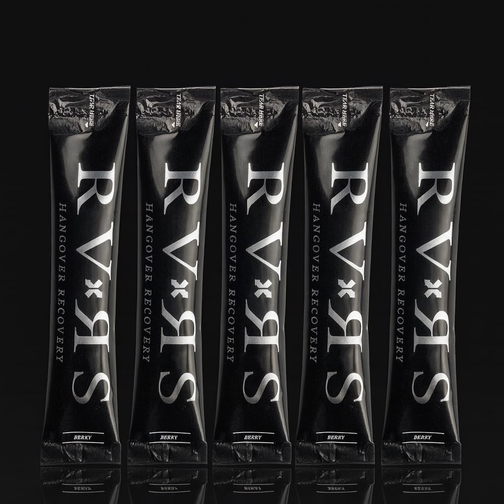 Five black packets of RVNS Hangover Recovery on a black background