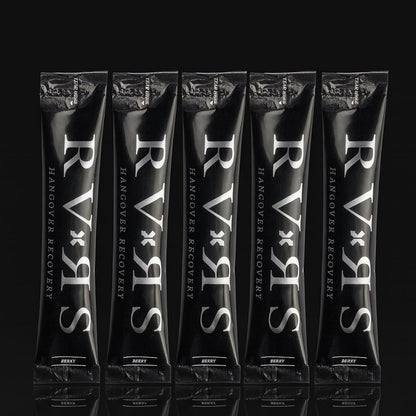 Five black packets of RVNS Hangover Recovery on a black background