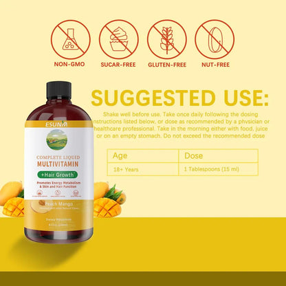 ESUNM Complete Liquid Multivitamin + Hair Growth, Promotes Energy Metabolism& Skin and Hair Function| Vitamin C D | B Vitamins | ESUNM