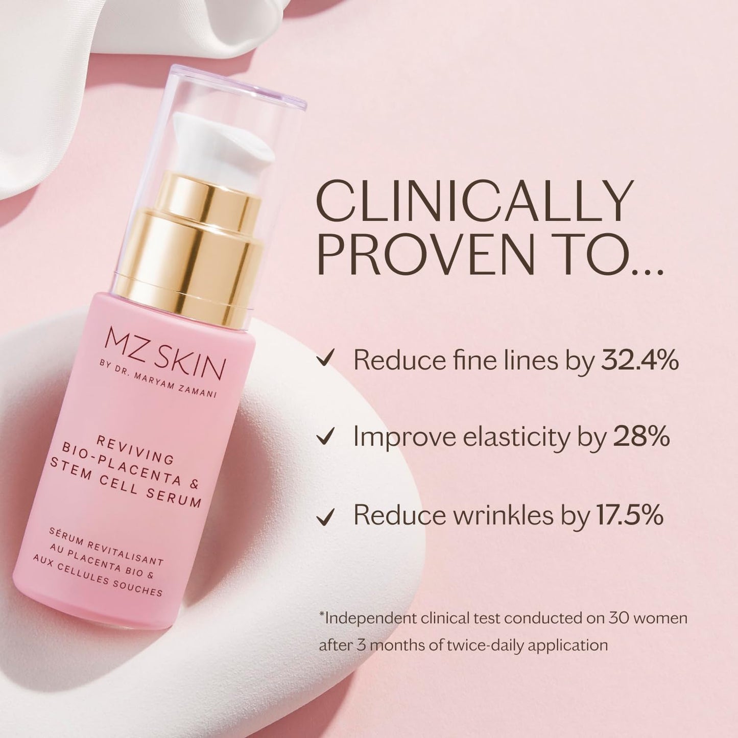MZ SKIN Reviving Bio-Placenta & Stem Cell Serum, Night Treatment for Powerful Rejuvenation, With Peptides, Squalane & Hyaluronic Acid, Perfect For Anti-Aging, Wrinkles & Fine Lines, 1.01 fl oz