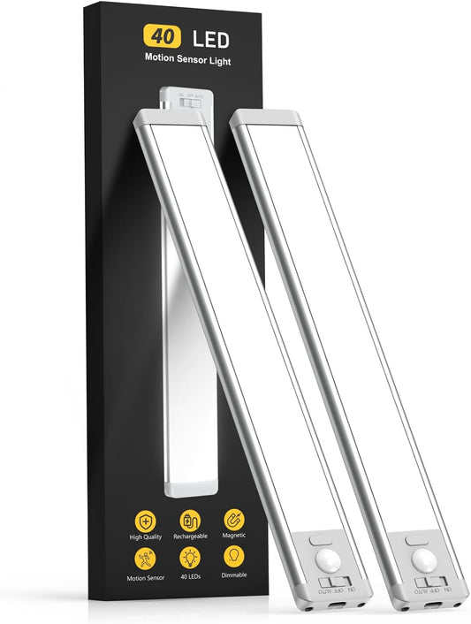 10inch Under Cabinet Lighting, 2 Pack Rechargeable Motion Sensor Light Indoor, 5 Levels Dimmable Magnetic Closet Lights