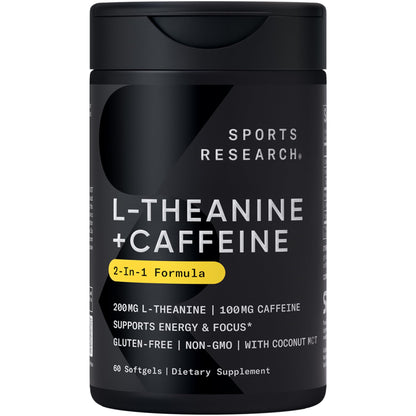 Sports Research L-Theanine Supplement with Caffeine & Coconut MCT Oil - Focused Energy, Alertness & Relaxation Without Drowsiness - 200mg L Theanine, 100mg Organic Caffeine - 60 Liquid Softgels Sports Research buy supplements Au