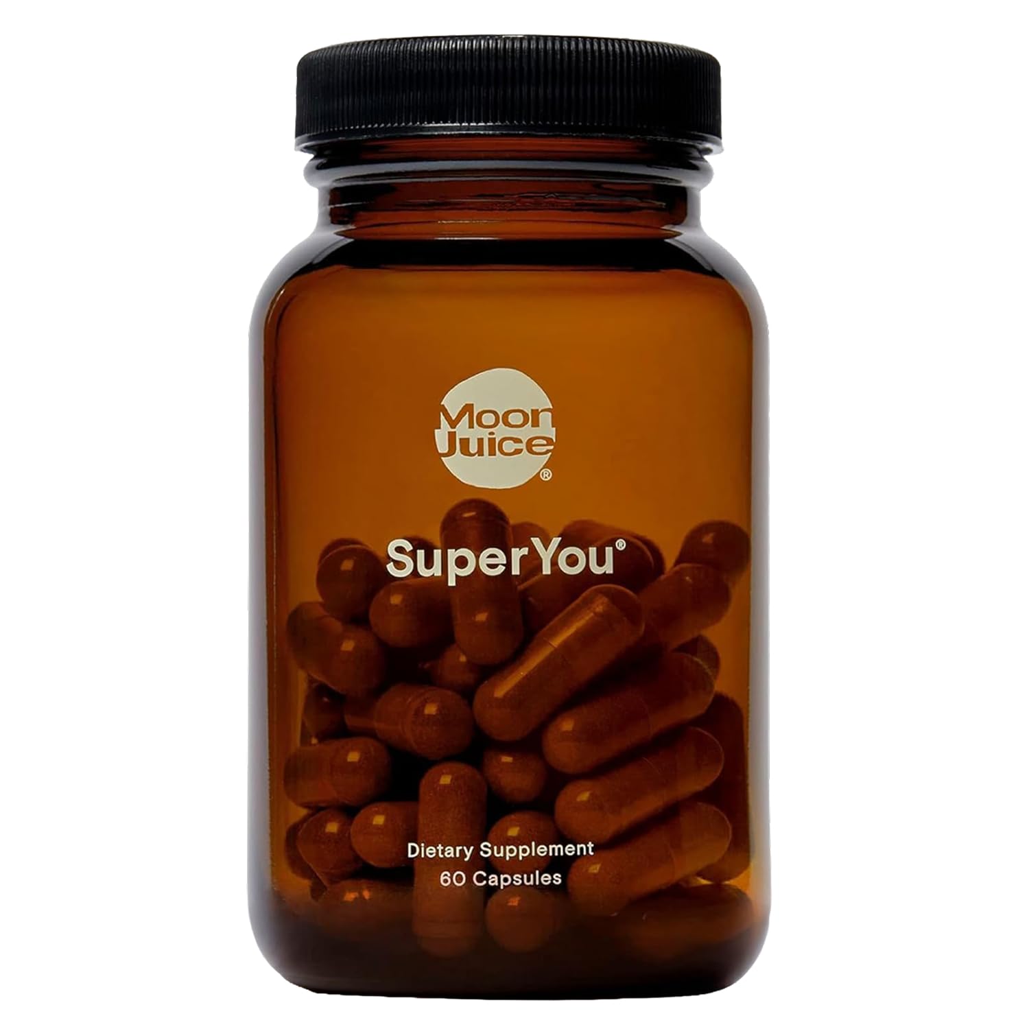 Amber supplement bottle labeled 'SuperYou' with 'Moon Juice' branding on a white background