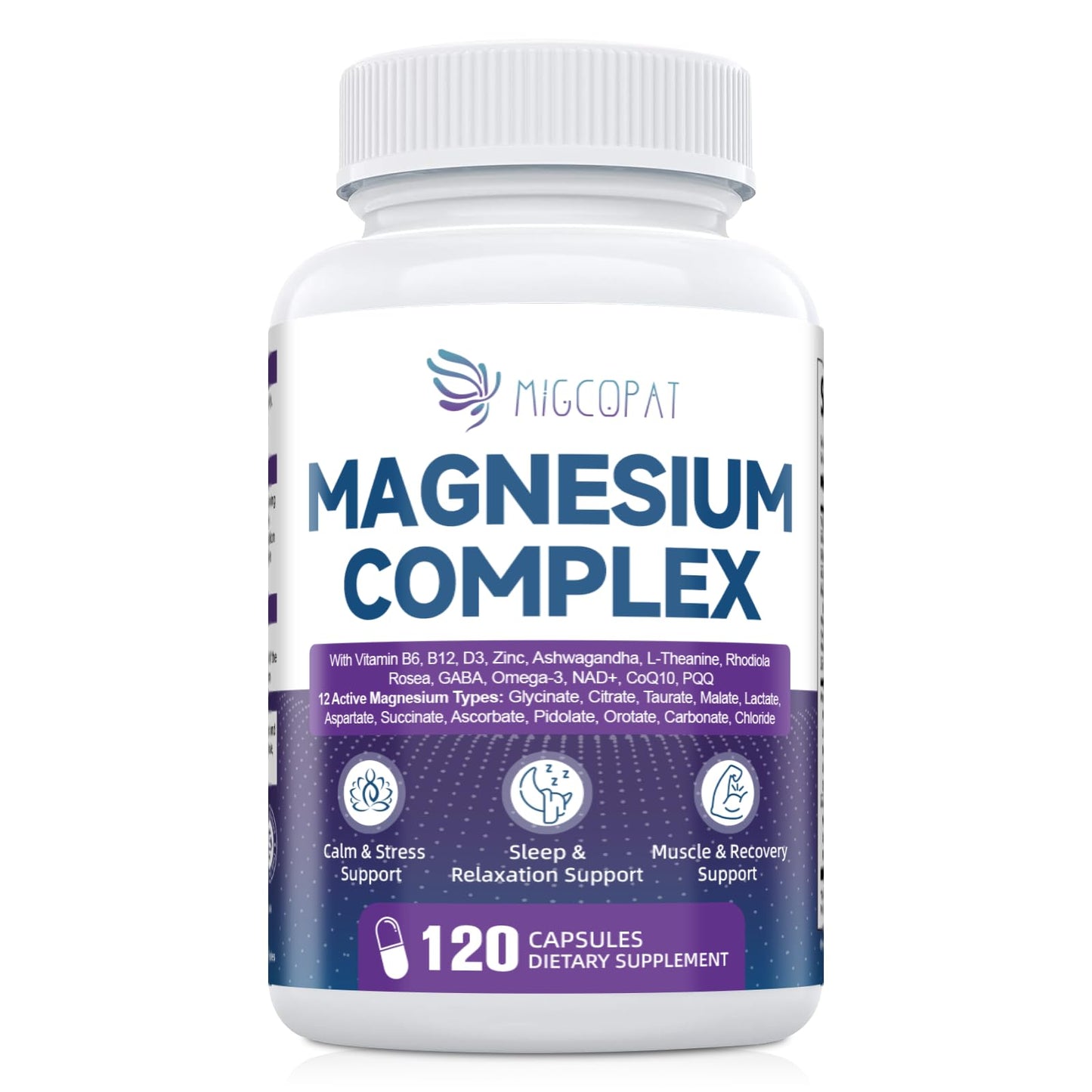 Migcopat Magnesium Complex w/Magnesium Glycinate, Malate, Citrate | 24-in-1 Magnesium Supplement w/Ashwagandha, L-Theanine & NAD+ | Supports Calm, Energy, Muscle & Sleep | Non-GMO, 120 Vegan Caps Migcopat buy supplements Au
