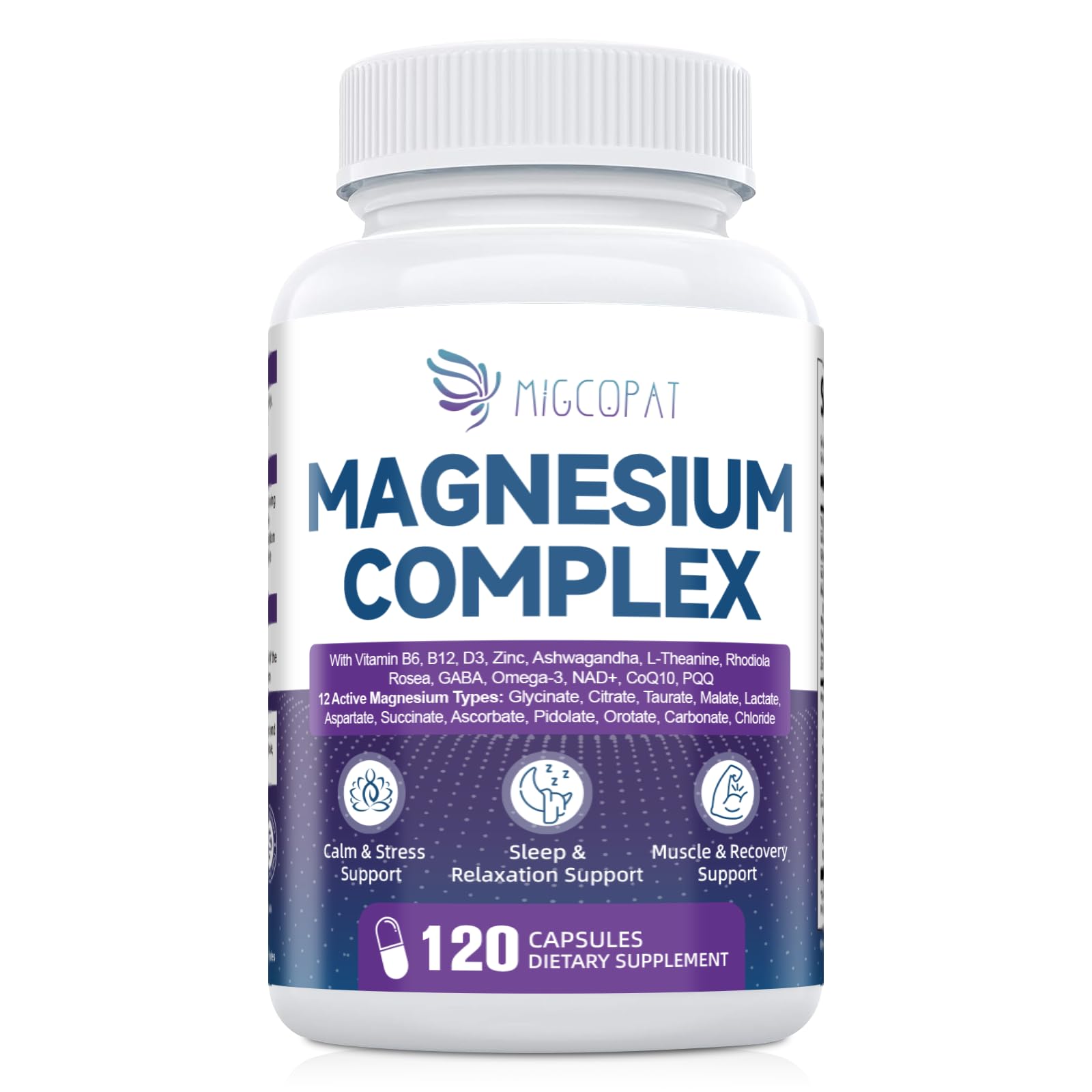 Migcopat Magnesium Complex w/Magnesium Glycinate, Malate, Citrate | 24-in-1 Magnesium Supplement w/Ashwagandha, L-Theanine & NAD+ | Supports Calm, Energy, Muscle & Sleep | Non-GMO, 120 Vegan Caps Migcopat buy supplements Au
