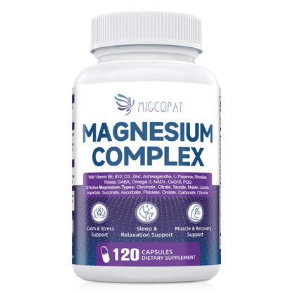 Migcopat Magnesium Complex w/Magnesium Glycinate, Malate, Citrate | 24-in-1 Magnesium Supplement w/Ashwagandha, L-Theanine & NAD+ | Supports Calm, Energy, Muscle & Sleep | Non-GMO, 120 Vegan Caps Migcopat buy supplements Au