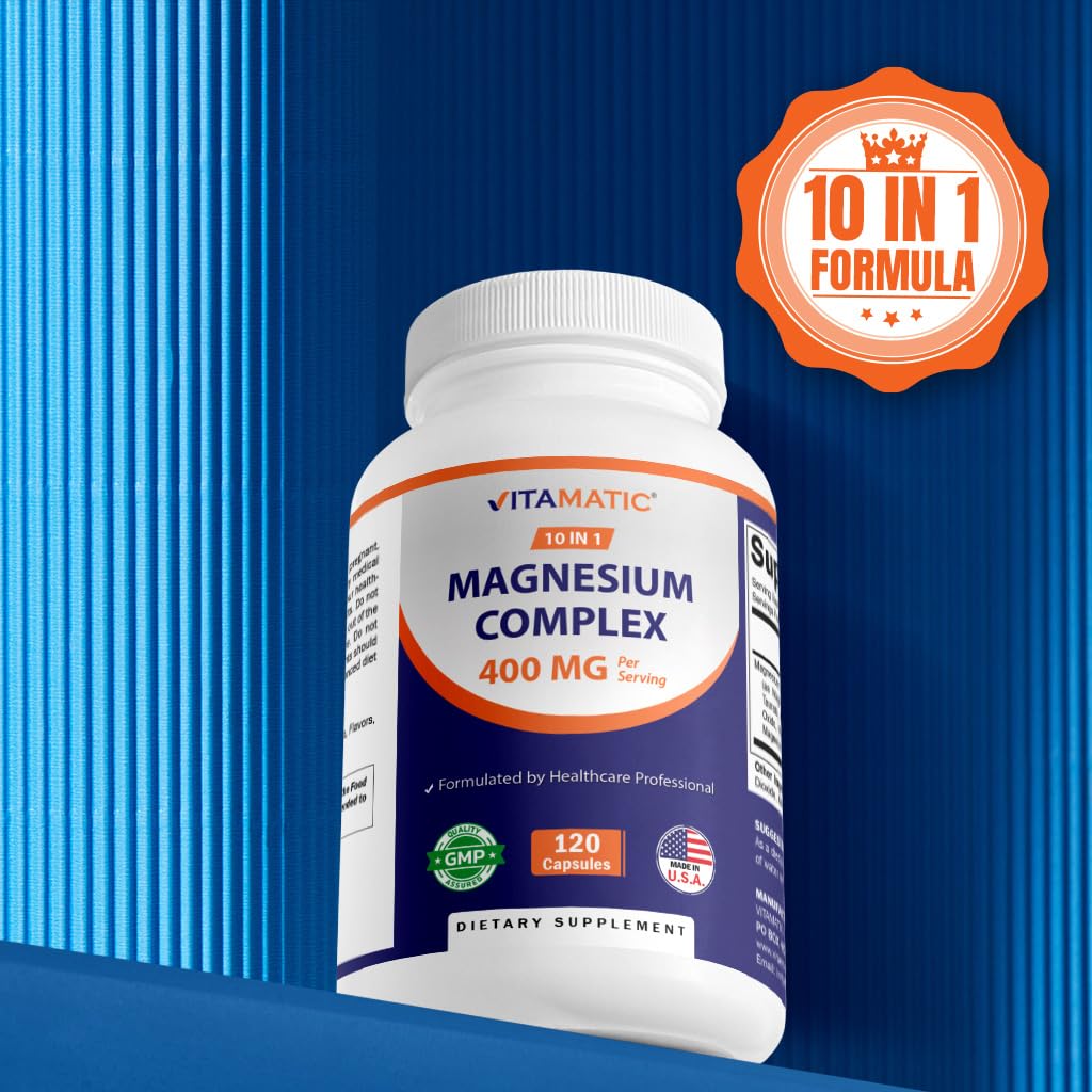 Vitamatic Magnesium Complex, 400mg Elemental MG (as Bisglycinate, Citrate, Taurate, Malate, Aspartate, Oxide, Gluconate, Lysinate Glycinate, Orotate, Succinate) – 120 Capsules Vitamatic buy supplements Au