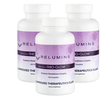 Three bottles of Relumins Thio-Glow supplements on a white background
