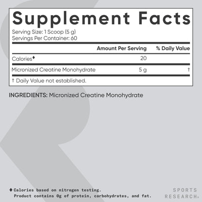 Sports Research Creatine Monohydrate - Gain Lean Muscle, Improve Performance and Strength and Support Workout Recovery - 5 g Micronized Creatine - 10.58 oz