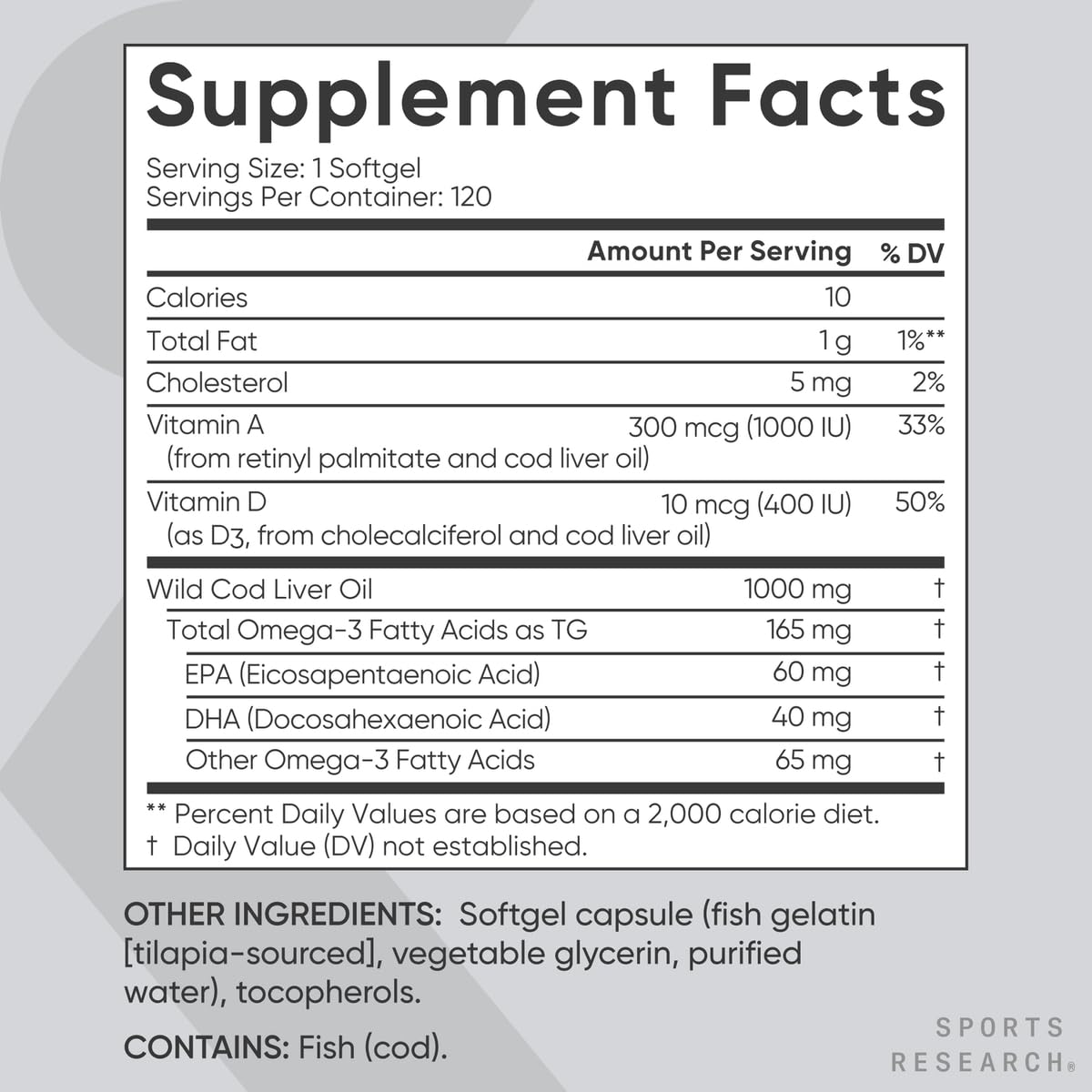 Sports Research® Omega-3 Wild Alaskan Cod Liver Oil 1000mg with Vitamins A (1000 IU) & D3 (400 IU) - Burpless, Bovine Free, Non-GMO, & MSC Certified Sustainable - 120 Softgels Sports Research buy supplements Au