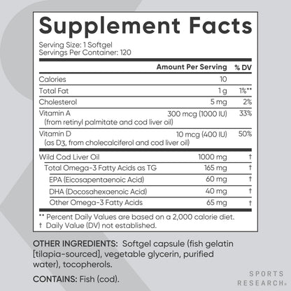Sports Research® Omega-3 Wild Alaskan Cod Liver Oil 1000mg with Vitamins A (1000 IU) & D3 (400 IU) - Burpless, Bovine Free, Non-GMO, & MSC Certified Sustainable - 120 Softgels Sports Research buy supplements Au