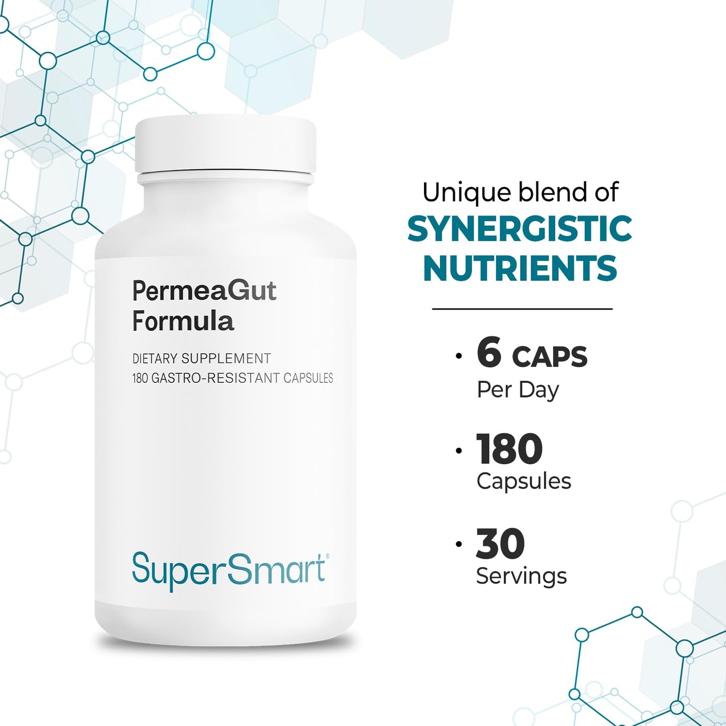 Supersmart PermeaGut Formula (High Potency) - with L-Glutamine, ButiShield Calcium Butyrate, Zinc-L-Carnosine - Gut Barrier Support | Vegan & Gluten Free - 180 Gastro-Resistant Capsules Supersmart buy supplements Au