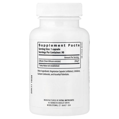 Vital Nutrients Lithium Orotate - Vegan Lithium Supplements for Memory, State of Mind, and Behavioral Health* - 20mg - Gluten, Dairy, Soy Free - 90 Capsules