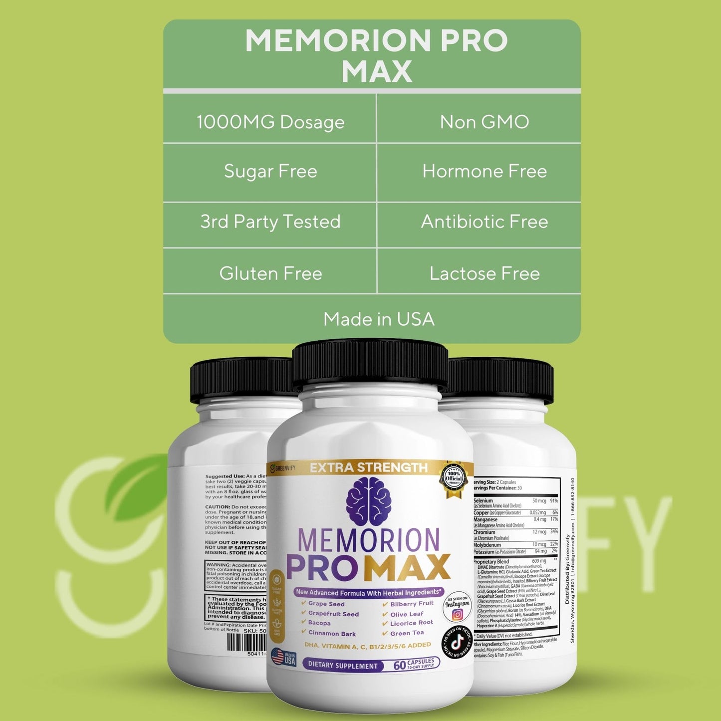 GREENVIFY Memorion Pro Max Extra Strength Brain Support Supplement, 60 Capsules, with DHA, Vitamins, Herbal Blend, 30-Day Supply (1) GREENVIFY buy supplements Au