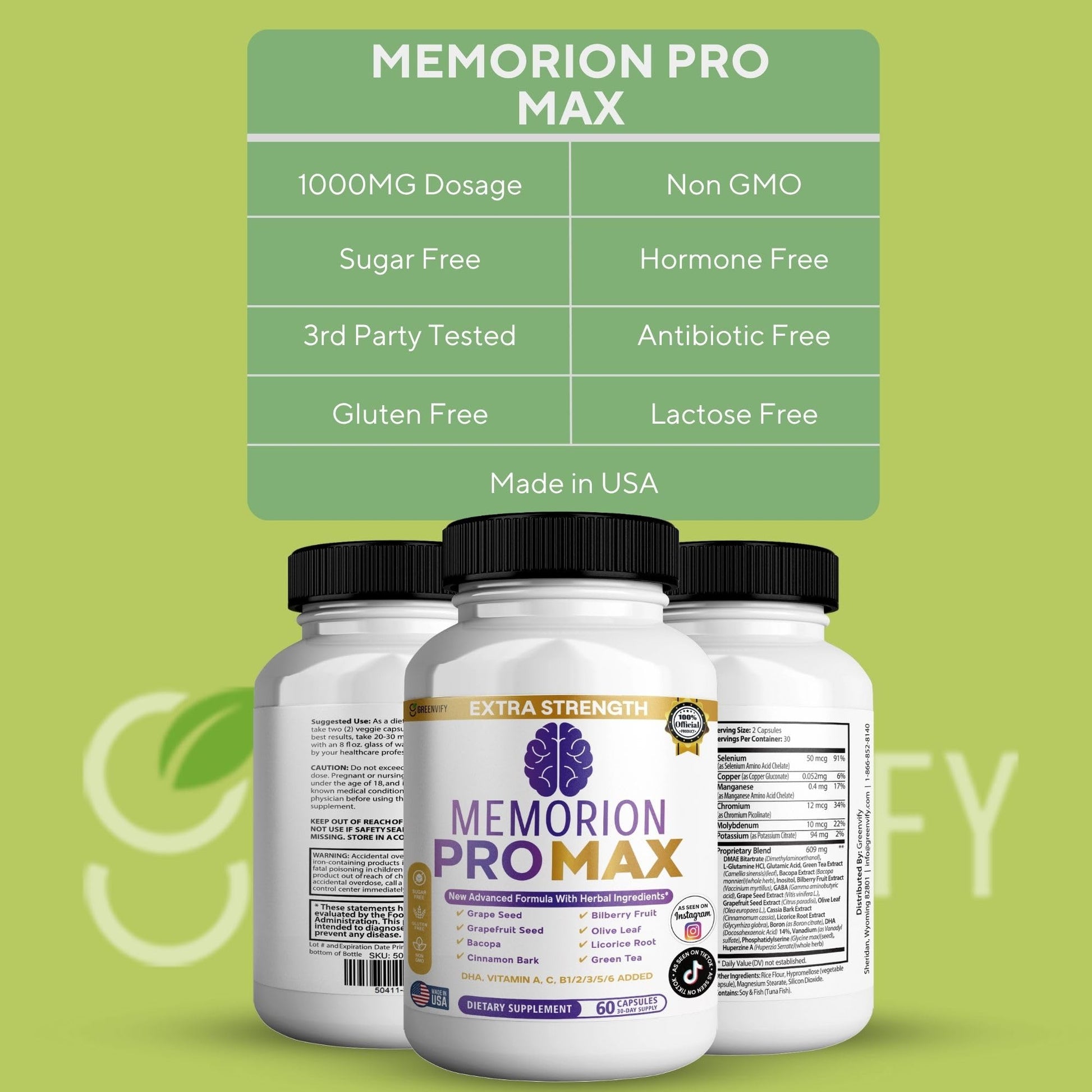 GREENVIFY Memorion Pro Max Extra Strength Brain Support Supplement, 60 Capsules, with DHA, Vitamins, Herbal Blend, 30-Day Supply (1) GREENVIFY buy supplements Au