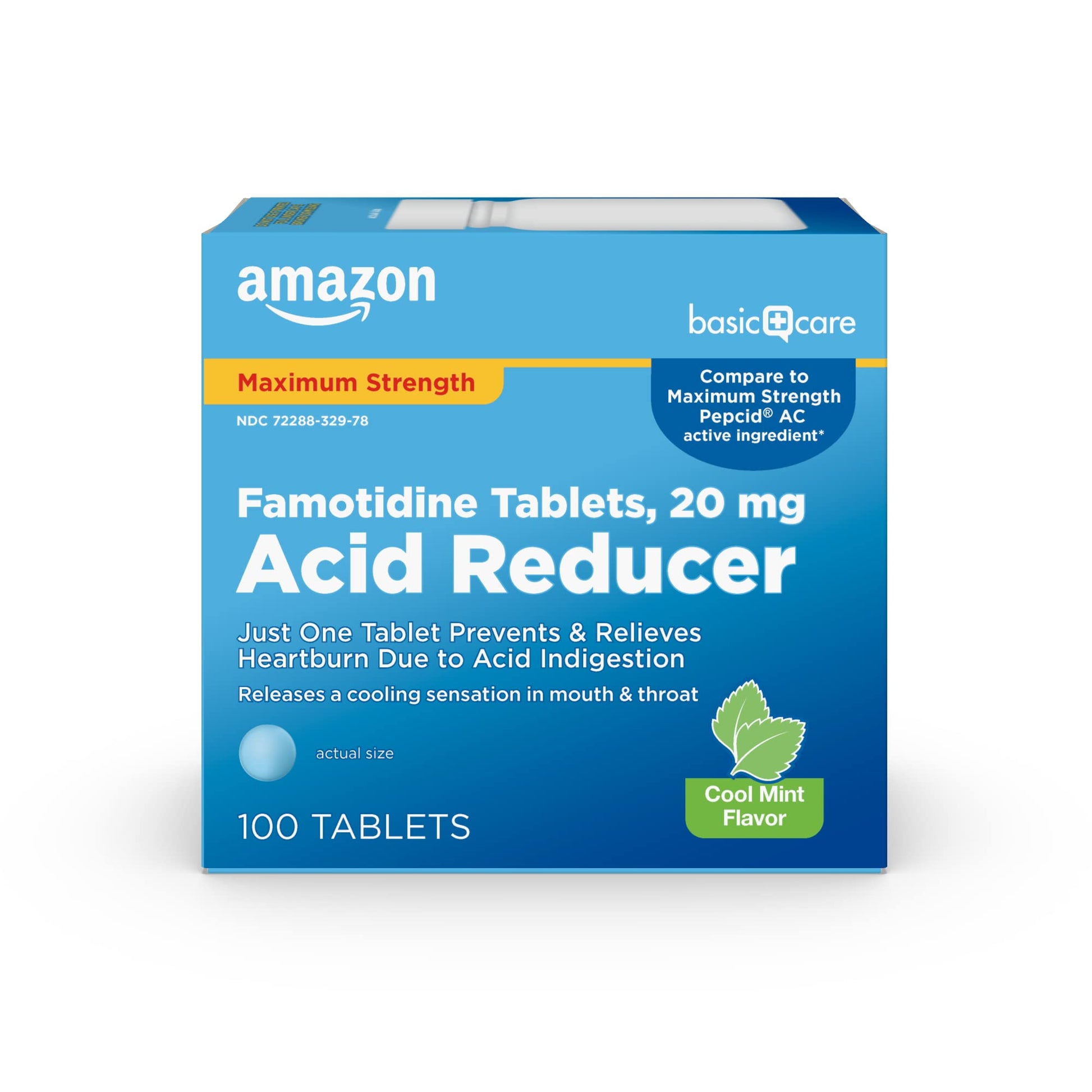 Amazon Basic Care Famotidine Tablets 20 mg Acid Reducer packaging on a white background