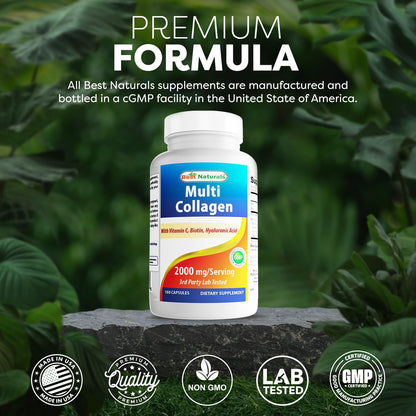Best Naturals Multi Collagen Pills 2000mg for Women & Men - Hydrolyzed Collagen Peptides Capsules for Hair Skin and Nails with Types I II III V X, Biotin, Hyaluronic Acid & Vitamin C Best Naturals buy supplements Au