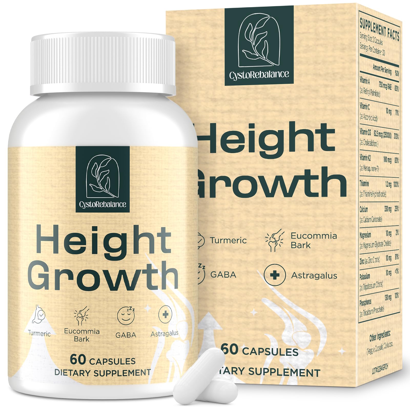 Supplement bottle and packaging labeled 'Height Growth' by OsteoRebalance.