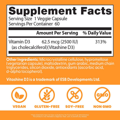 Doctors Best Vegan Vitamin D3 2500 IU Veg Caps - Vegan Vitamin D Supplement for Men & Women, Helps Support Calcium Absorption, Heart Health & Immune Support,