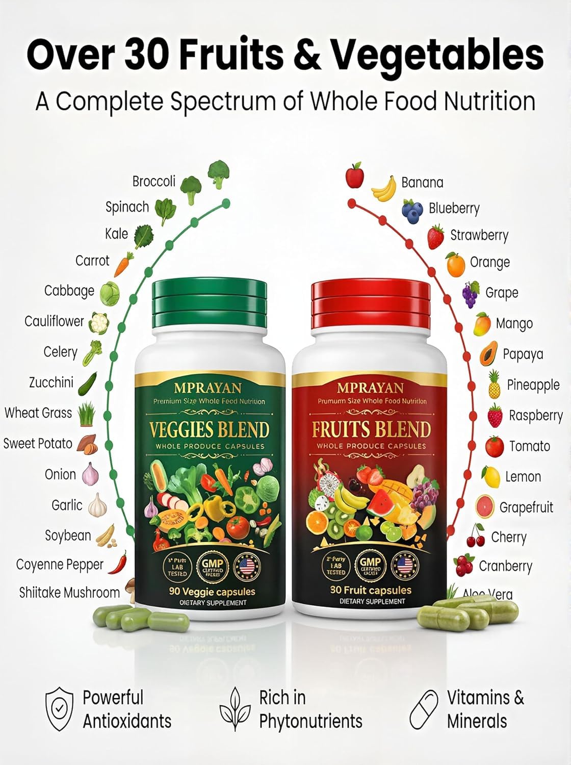 MPRAYAN Fruits and Veggies Capsules - 90 Fruits + 90 Veggies - Whole Food Superfood Supplement - Daily Greens Vitamins & Minerals - Plant Based Nutrition - Vegan Non-GMO - 180 Capsules MPRAYAN buy supplements Au