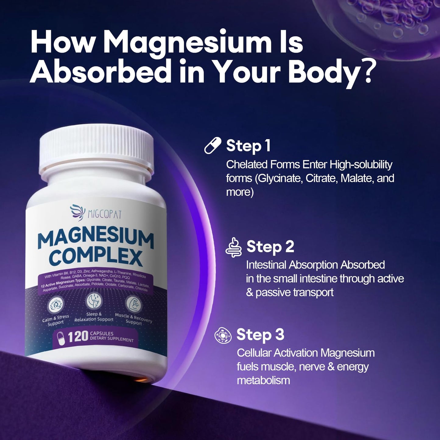 Migcopat Magnesium Complex w/Magnesium Glycinate, Malate, Citrate | 24-in-1 Magnesium Supplement w/Ashwagandha, L-Theanine & NAD+ | Supports Calm, Energy, Muscle & Sleep | Non-GMO, 120 Vegan Caps Migcopat buy supplements Au