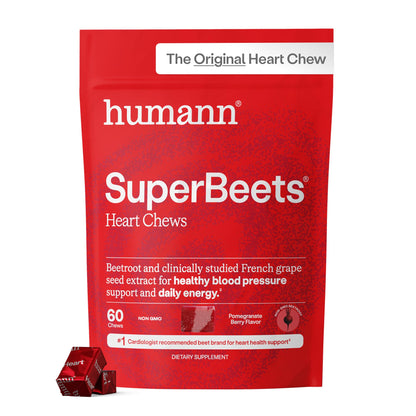 Red package of humann SuperBeets Heart Chews on a white background