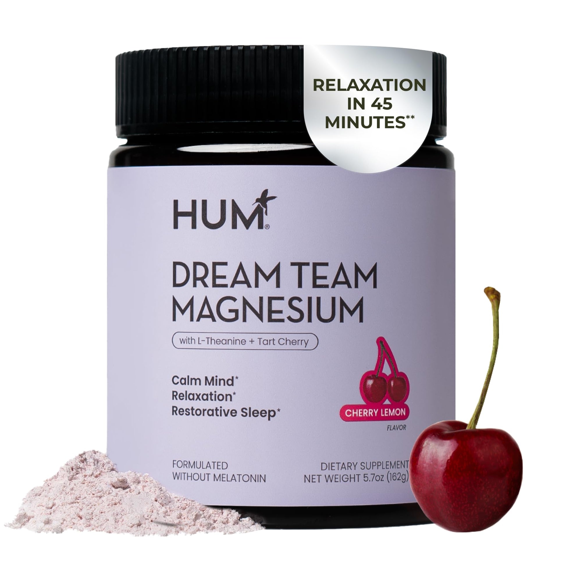 Hum Dream Team Magnesium supplement jar with a cherry on a white background