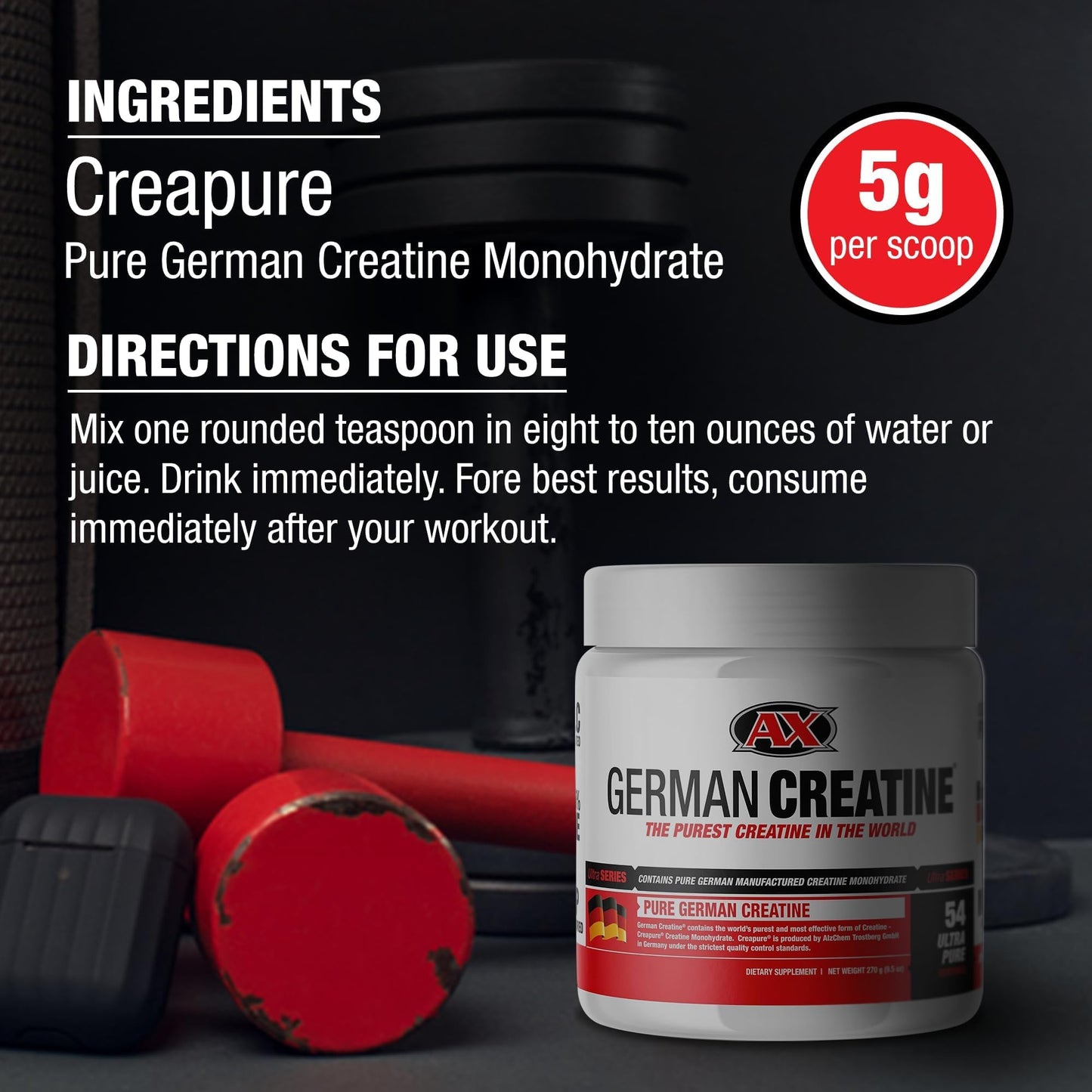 German Creatine - Micronized Creatine Monohydrate Powder, 99.99% Pure Creapure for Muscle Growth, Strength & Performance, Supports Muscle Recovery, 3rd Party Tested, Unflavored - 270g (54 Servings) German Creatine buy supplements Au