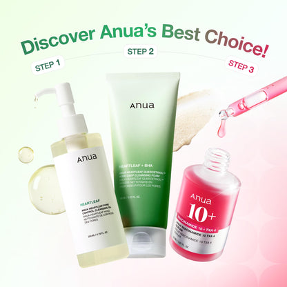 Anua 3-Step Glass Skin Beginner Set, Oil Cleanser and Face Wash with Facial Serum, Double Cleansing Daily