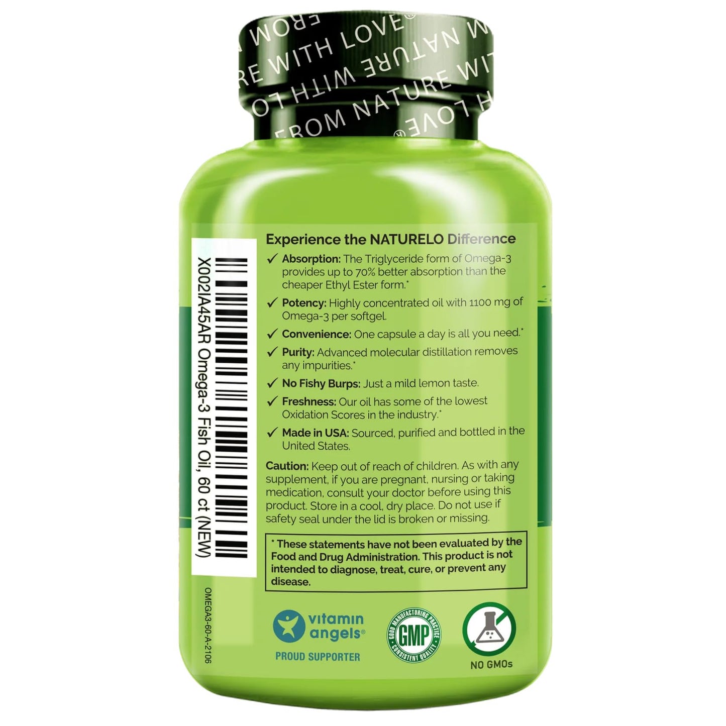 NATURELO Burpless Omega 3 Fish Oil Supplement - 1100mg Triglyceride Omega-3, EPA + DHA, Liquid Fish Oil for Heart, Eye, Brain, Joint Health