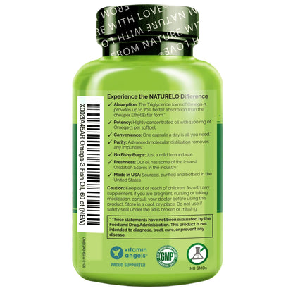 NATURELO Burpless Omega 3 Fish Oil Supplement - 1100mg Triglyceride Omega-3, EPA + DHA, Liquid Fish Oil for Heart, Eye, Brain, Joint Health