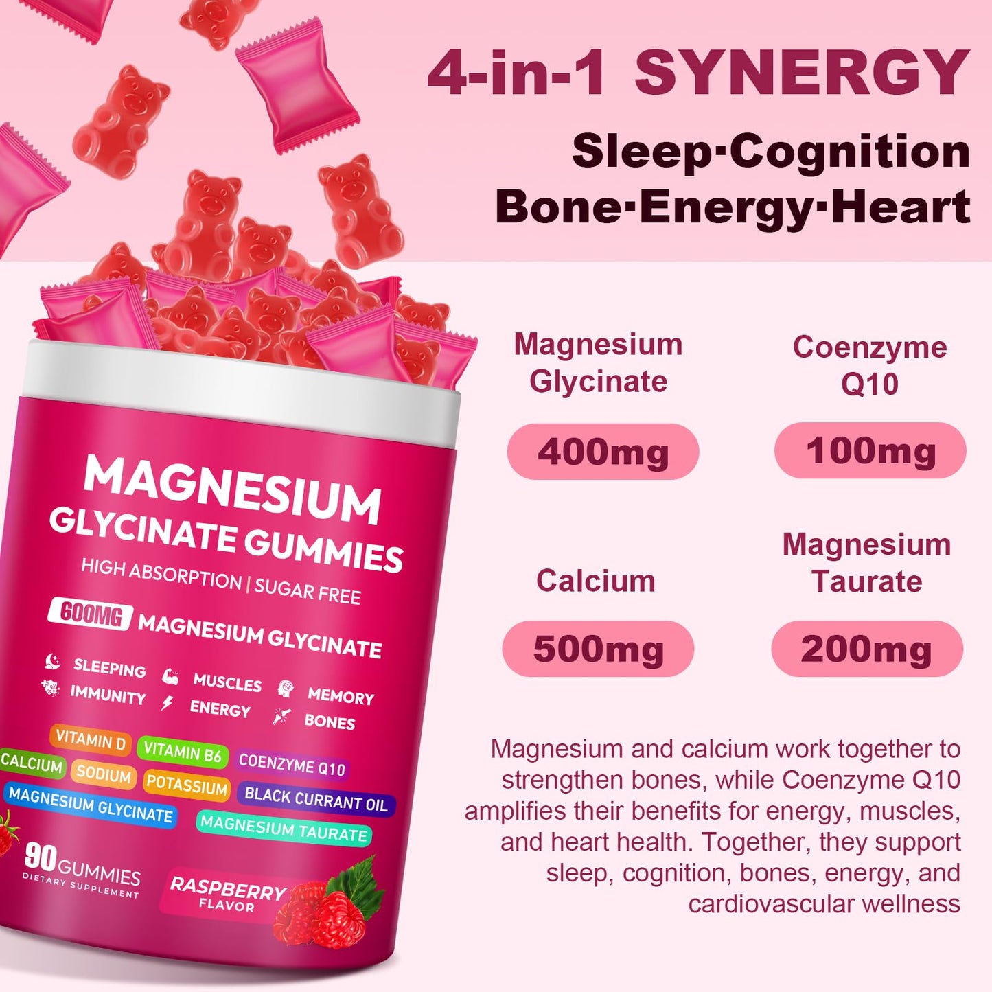 Magnesium Glycinate Gummies 600mg, High Absorption Magnesium Complex, Sugar Free Chewables Gummies with VitaminD & B6