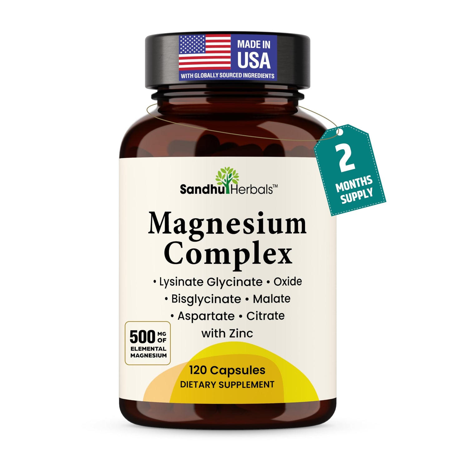Supplement bottle labeled 'Magnesium Complex' by Sandhu Herbals with an American flag label on a white background.