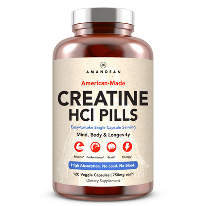 AMANDEAN Creatine HCl Pills. American Made CON-CRET. 120 Capsules. 7X Concentrated. No Bloat. Muscle, Energy, Cognitive, Recovery Support for Men & Women. Gluten Free, Non-GMO.